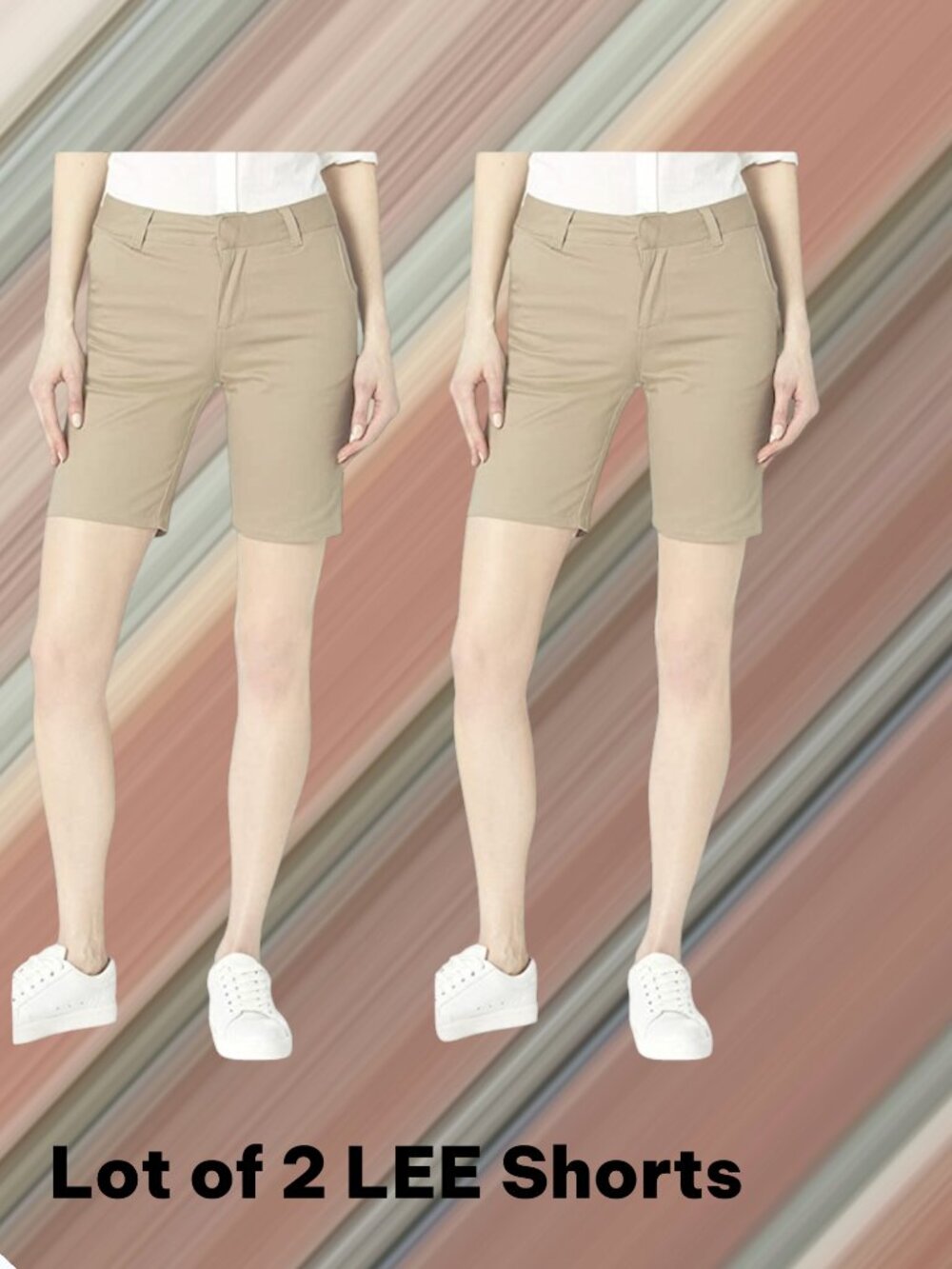 NWT 2 LEE Shorts Uniform Classic Bermuda Womens Sz 7 Khaki Beige Cotton Stretch